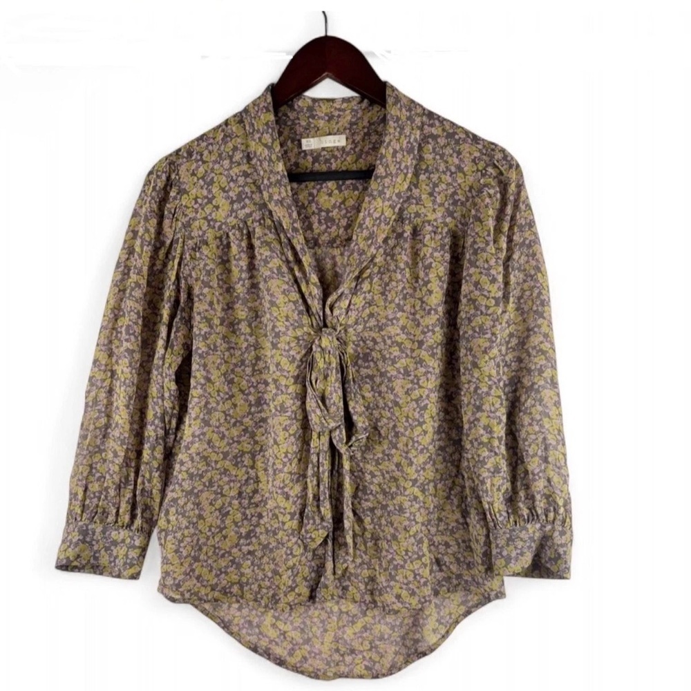 Nordstrom Hinge Tie Front Floral 100% Silk Blouse Shirt XS Boho Business Work